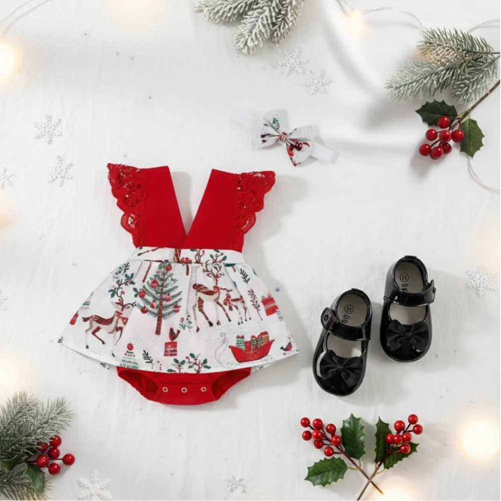 Festive Red and White Kids Dress with Reindeer Print